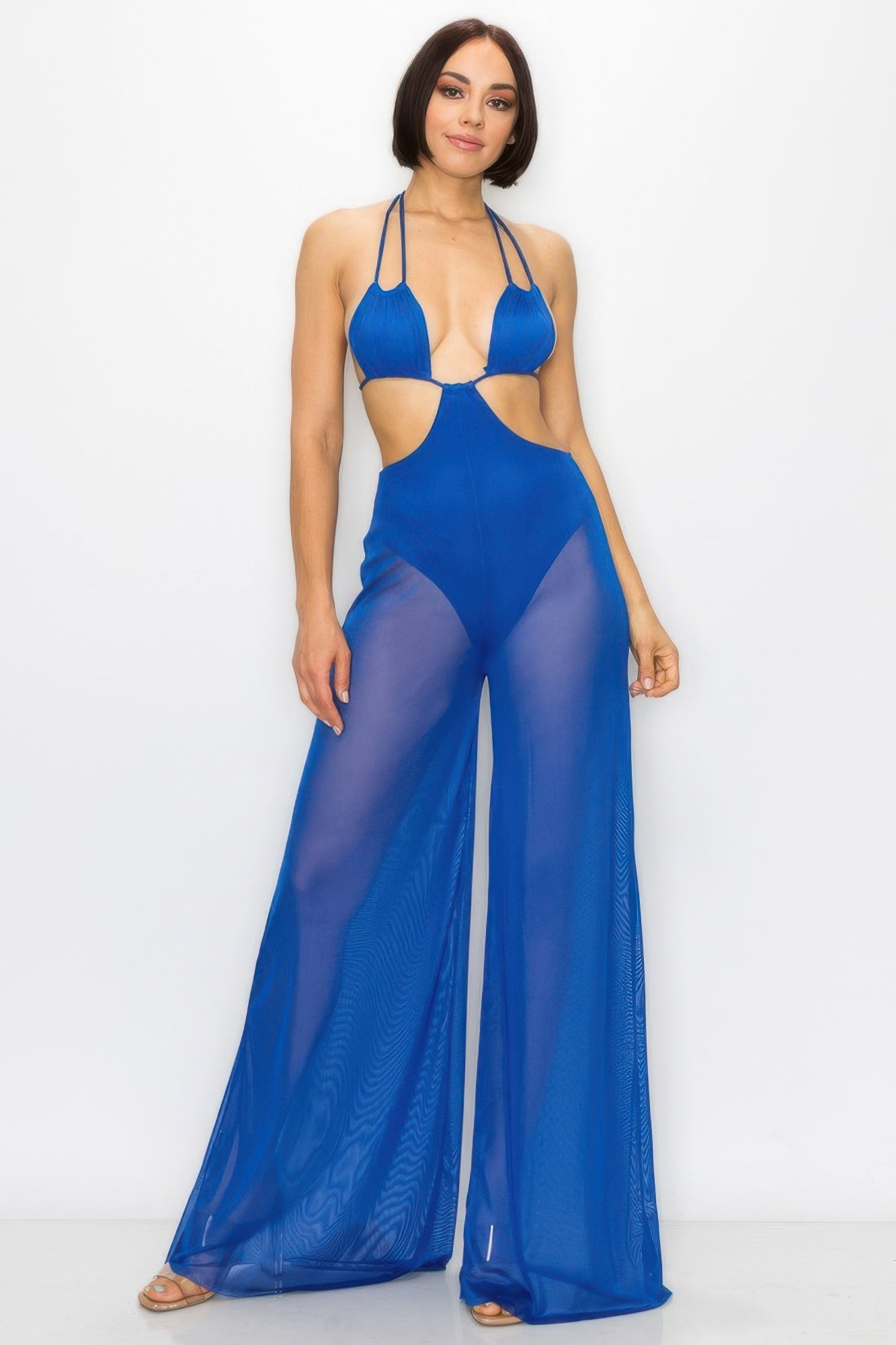 Bikini Top And Mesh Wide Pant Jumpsuit