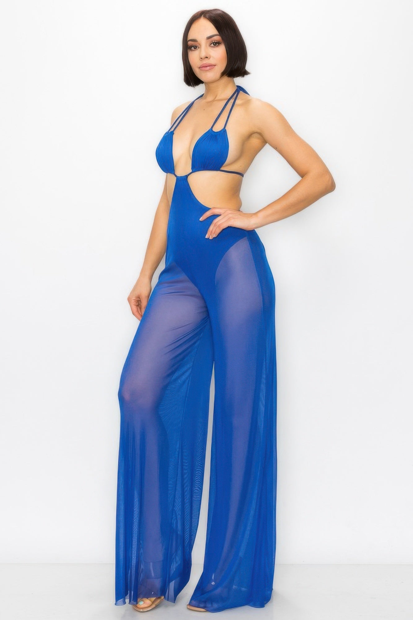 Bikini Top And Mesh Wide Pant Jumpsuit