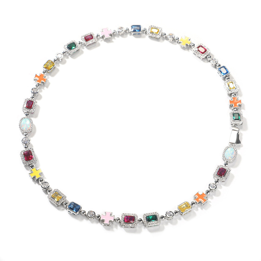 Hip-hop diamond multi-colored gemstone necklace
