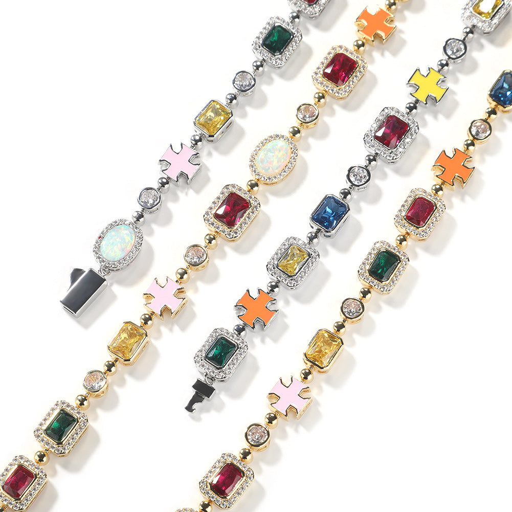 Hip-hop diamond multi-colored gemstone necklace